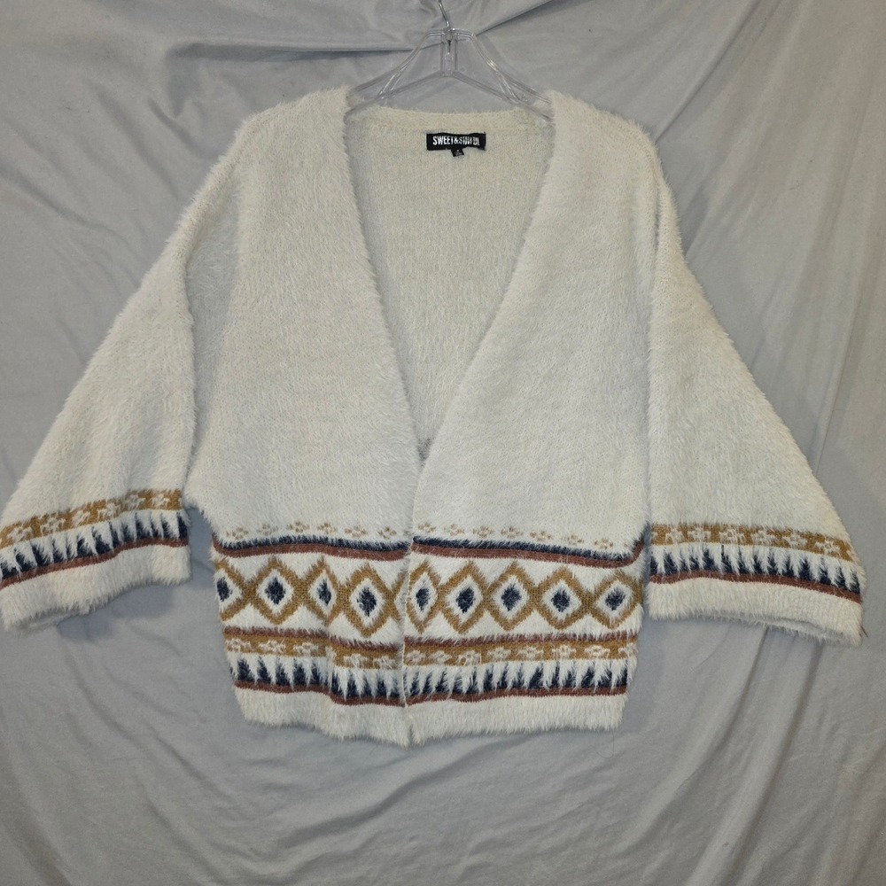 Sweet & Sinful Cardigan S Women White Southwestern Fuzzy Eyelash Knit Open Front